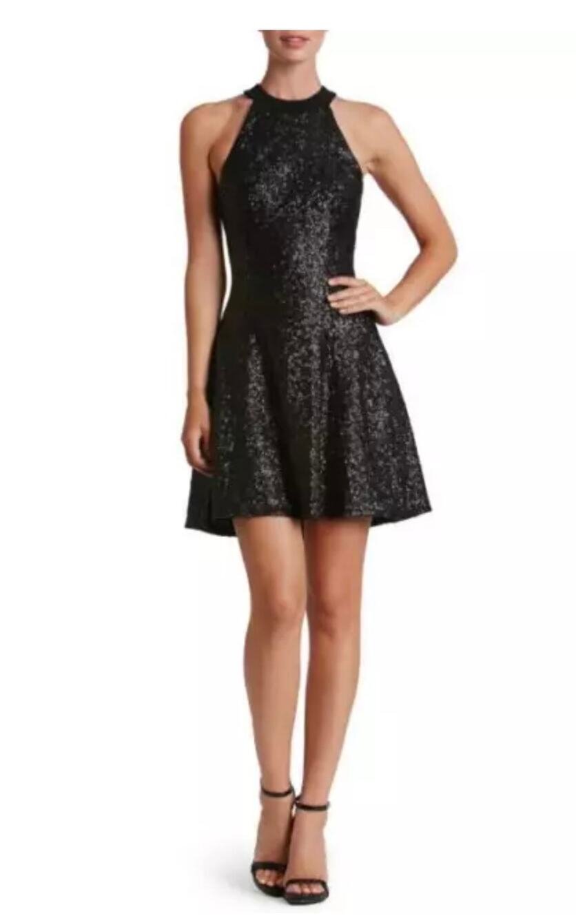 Dress The Population Annie Black Sequined Halter A-Line Mini Dress Size Small